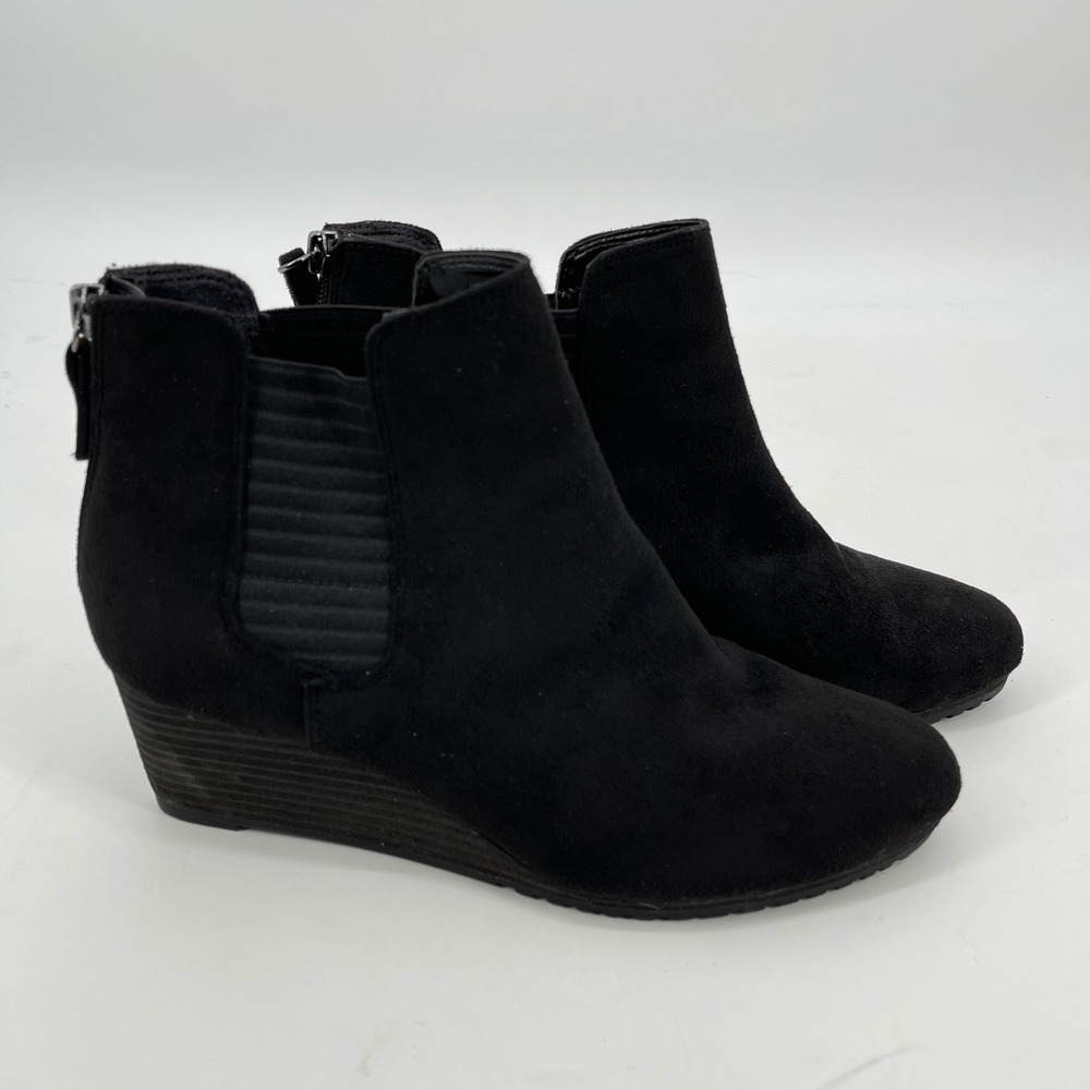 Dr. Scholls Black Faux Suede Ankle Boots Wedge Heel Zip‎ Up Comfort Shoes Sz 9.5